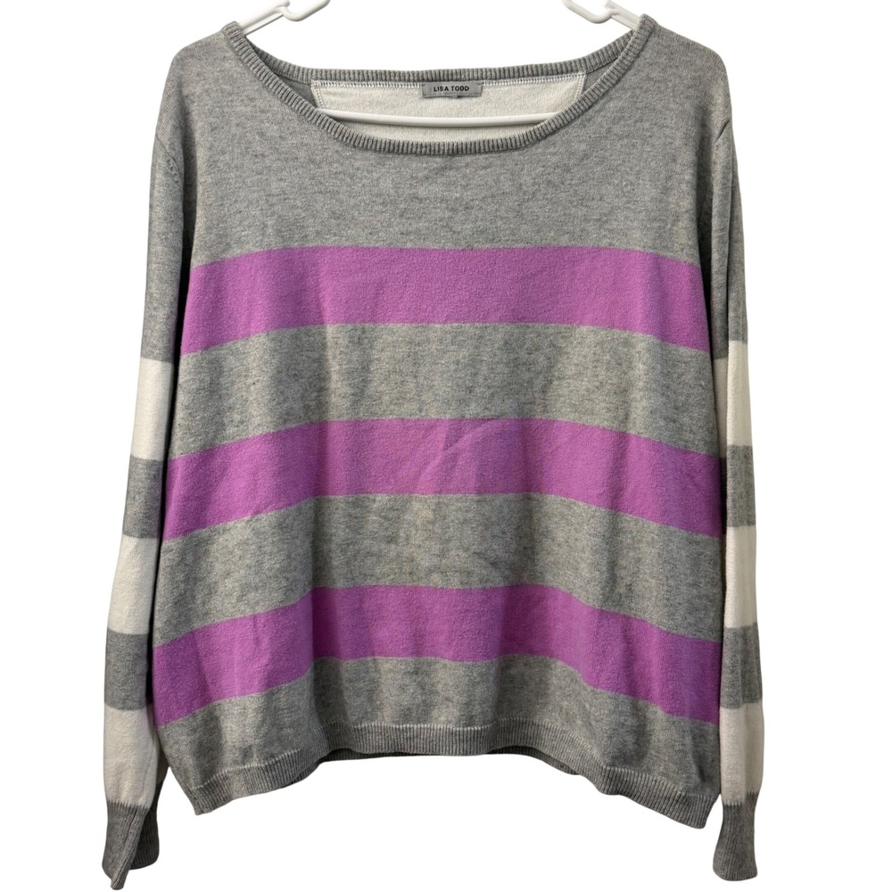 Lisa Todd Womens Cotton Cashmere Striped Scoop Neck Sweater Gray Purple Large